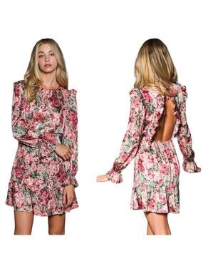 Aakaa Satin Feel Floral Open Back Long Sleeve Ruffle Details Mini Dress